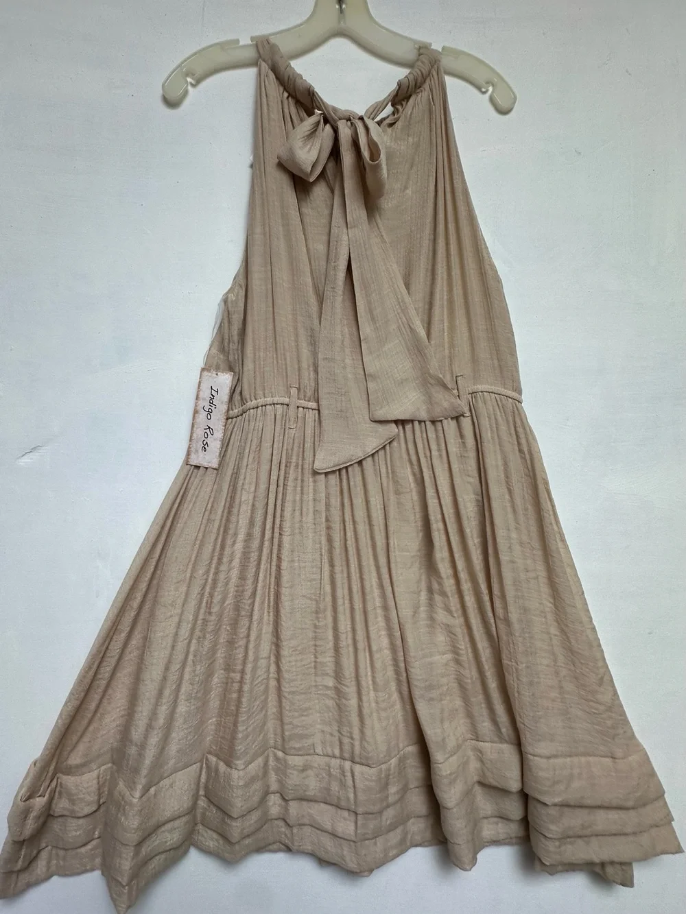 NEW Indigo Rose Dress Halter Taupe/Tan Knee Length Pleated Belted LARGE NWT